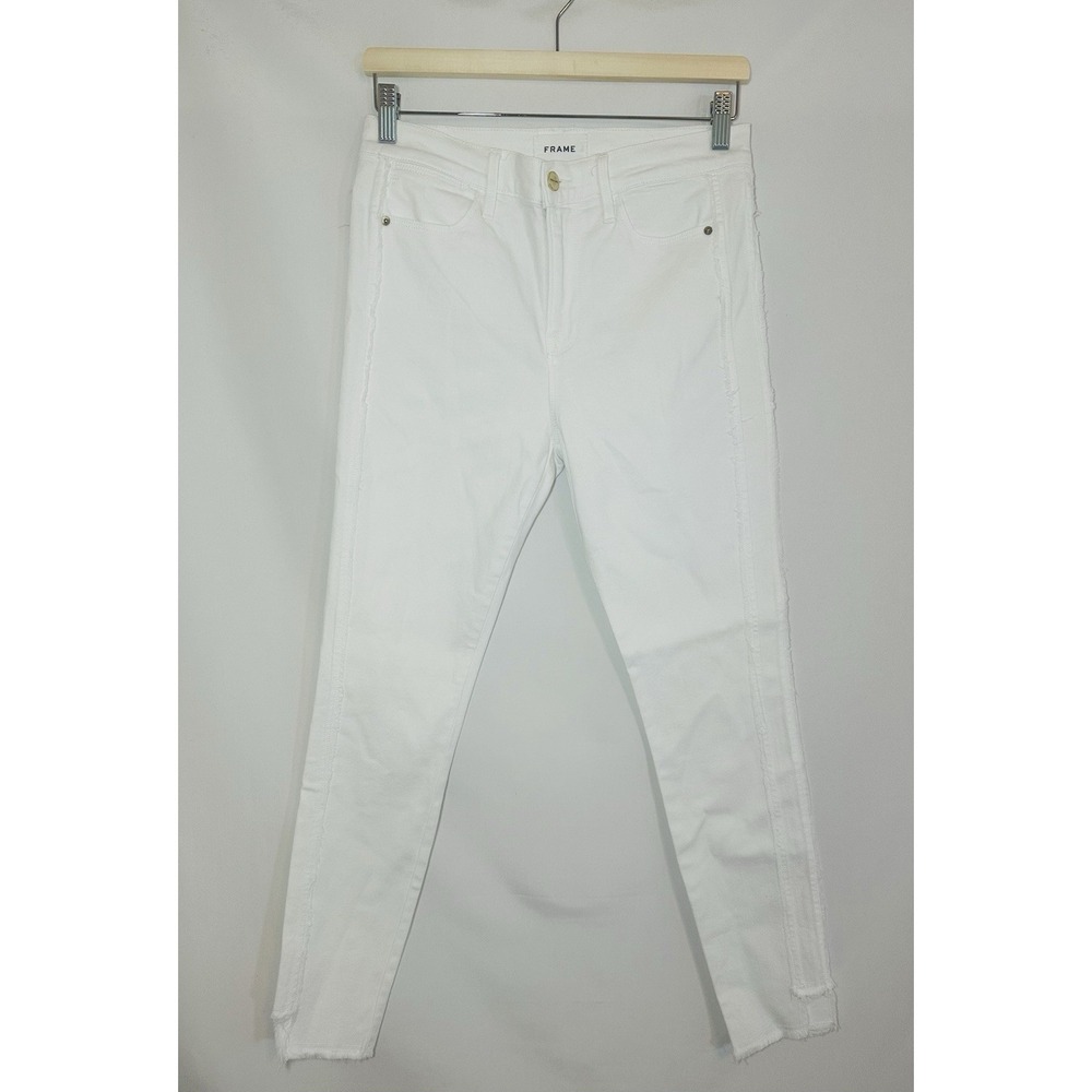 FRAME Women's 28 White Le High Skinny Jeans Frayed Side Seams Ankle Hem Denim